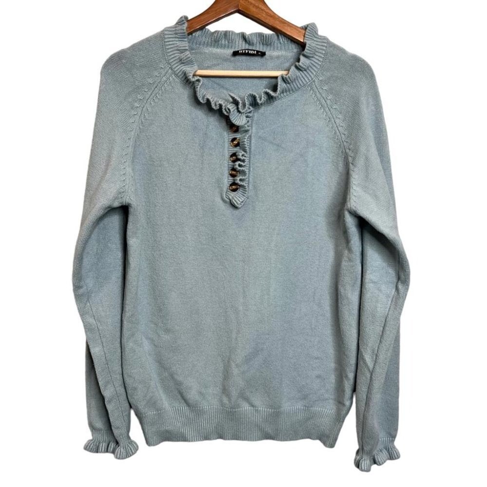 BTFBM Womens Size Medium Light Blue Ruffle Neck Long Sleeve Sweater Button Up
